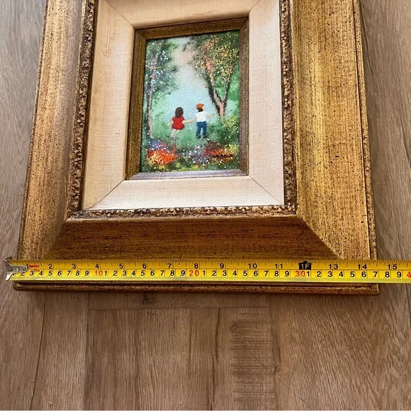 LOUIS CARDIN Signed Enamel on Copper Painting, Gold‎ Wood Frame, Kids In Forest